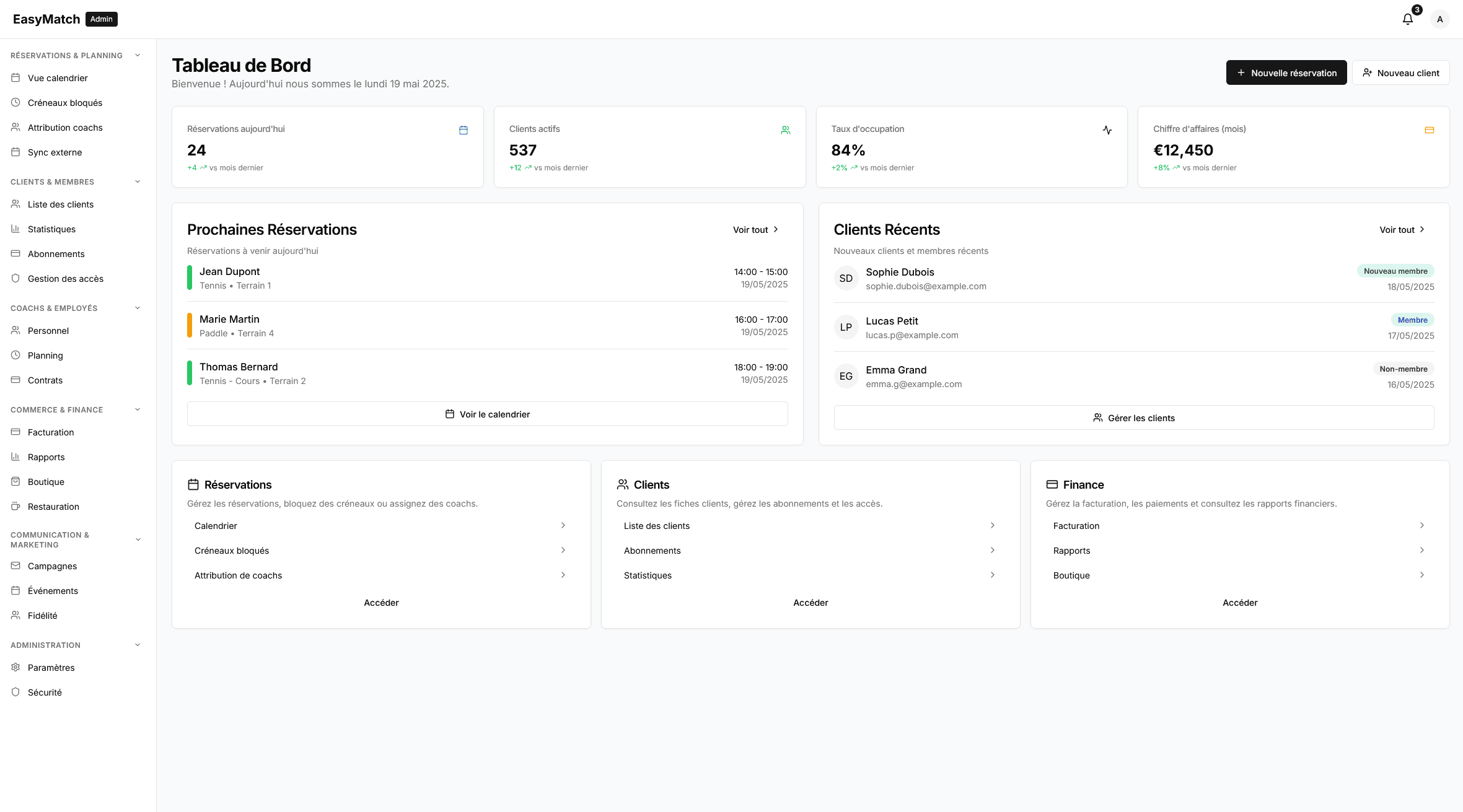 Vue d'ensemble du Tableau de Bord EasyMatch